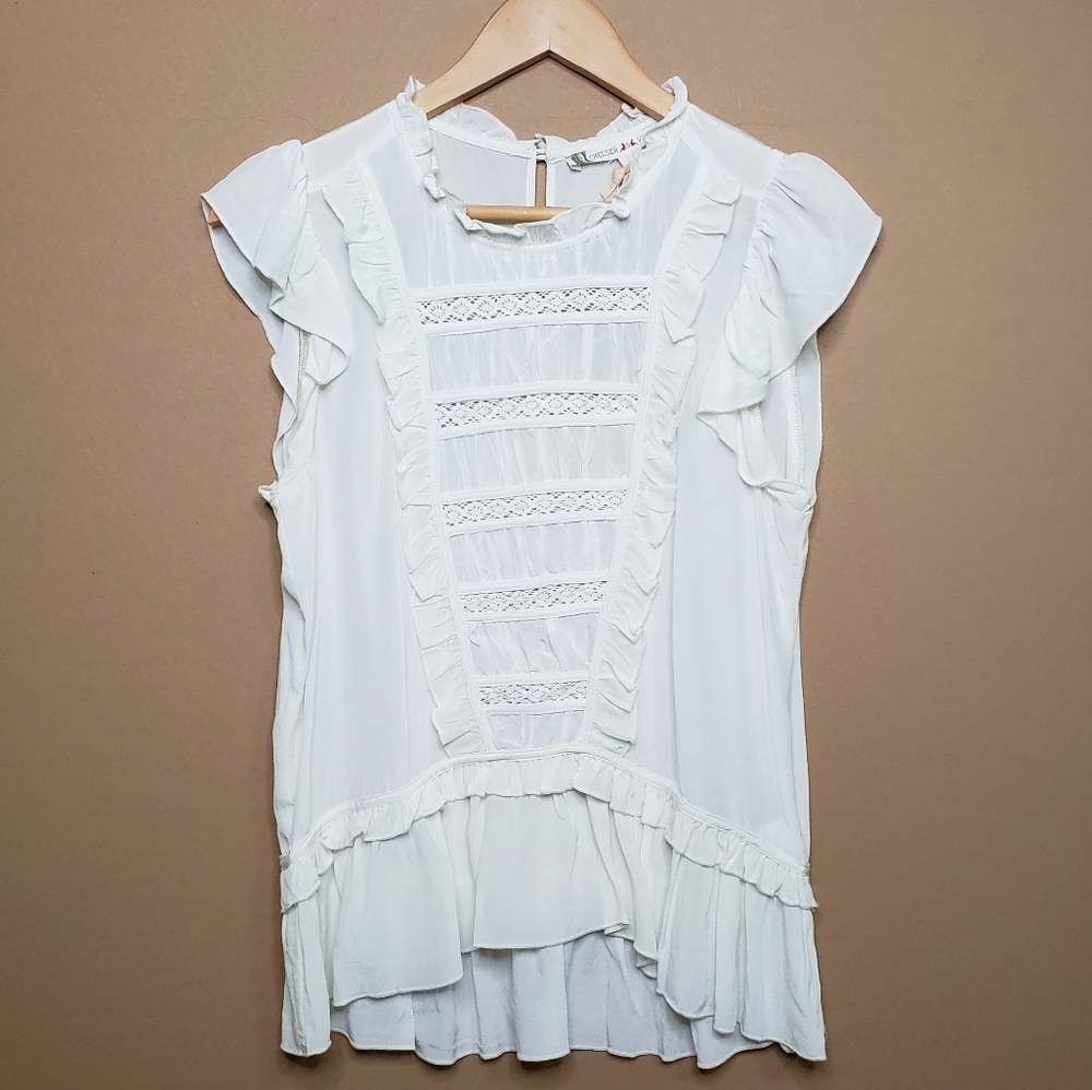 Chelsea and Violet White Lace Ruffle Sheer Blouse
